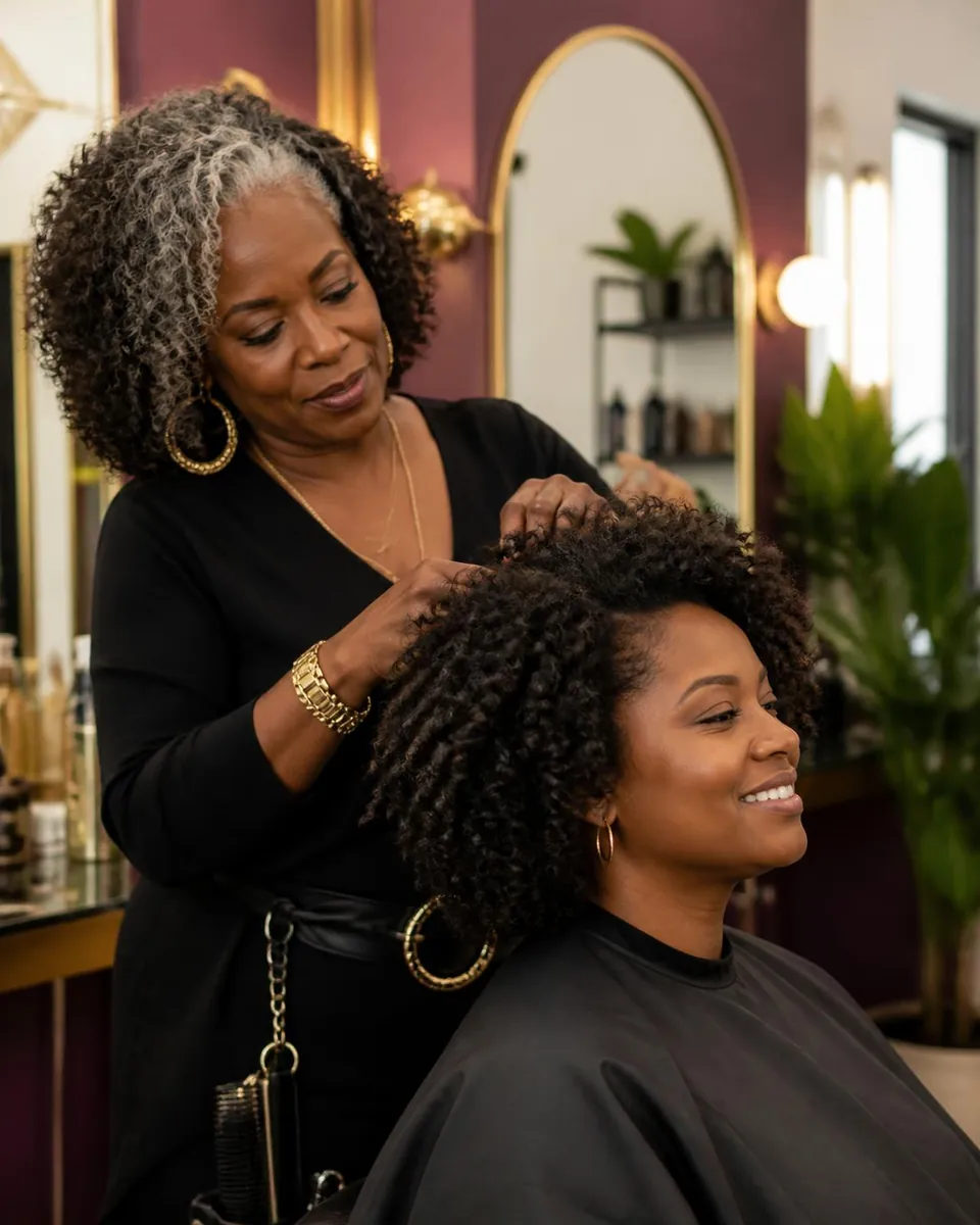 A Black woman in her late 50s with silver-streaked natural curls styles a smiling client's natural hair in the plum and gold salon she owns.