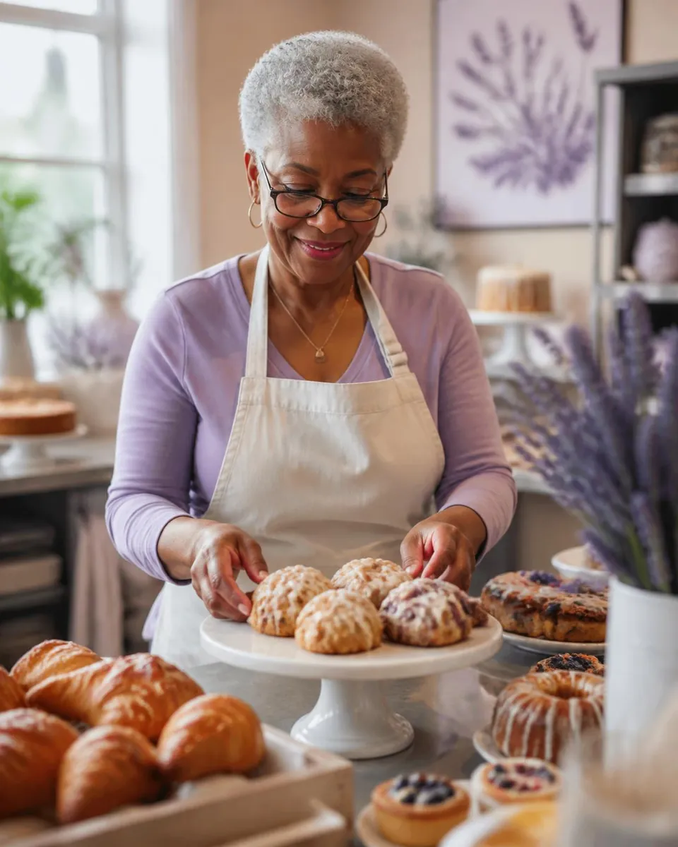 A Black woman in her 60s with short silver hair and glasses, wearing an apron, arranges fresh pastries in her own lavender-accented bakery.