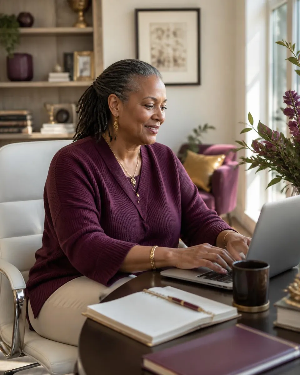 A Black woman in her 50s with locs, in a plum sweater, smiles while working on her laptop at the home office where she runs her consulting business.