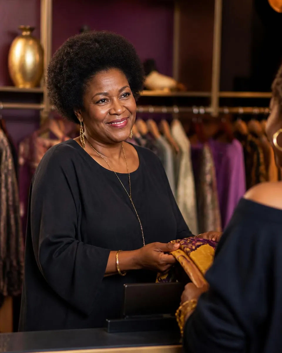 A Black woman in her late 50s with a natural afro smiles as she helps a customer at the register of her own clothing boutique.