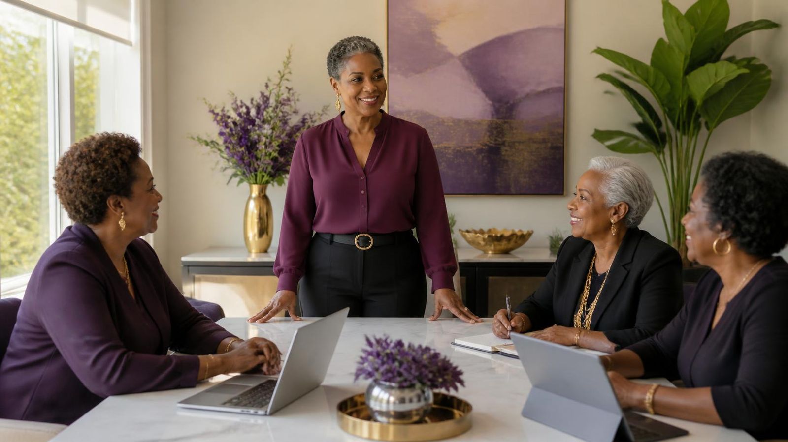 A confident Black woman in her 50s with short silver natural hair, in a plum blouse, leads a meeting with three smiling Black women in their 50s and 60s around a marble table in her bright office.