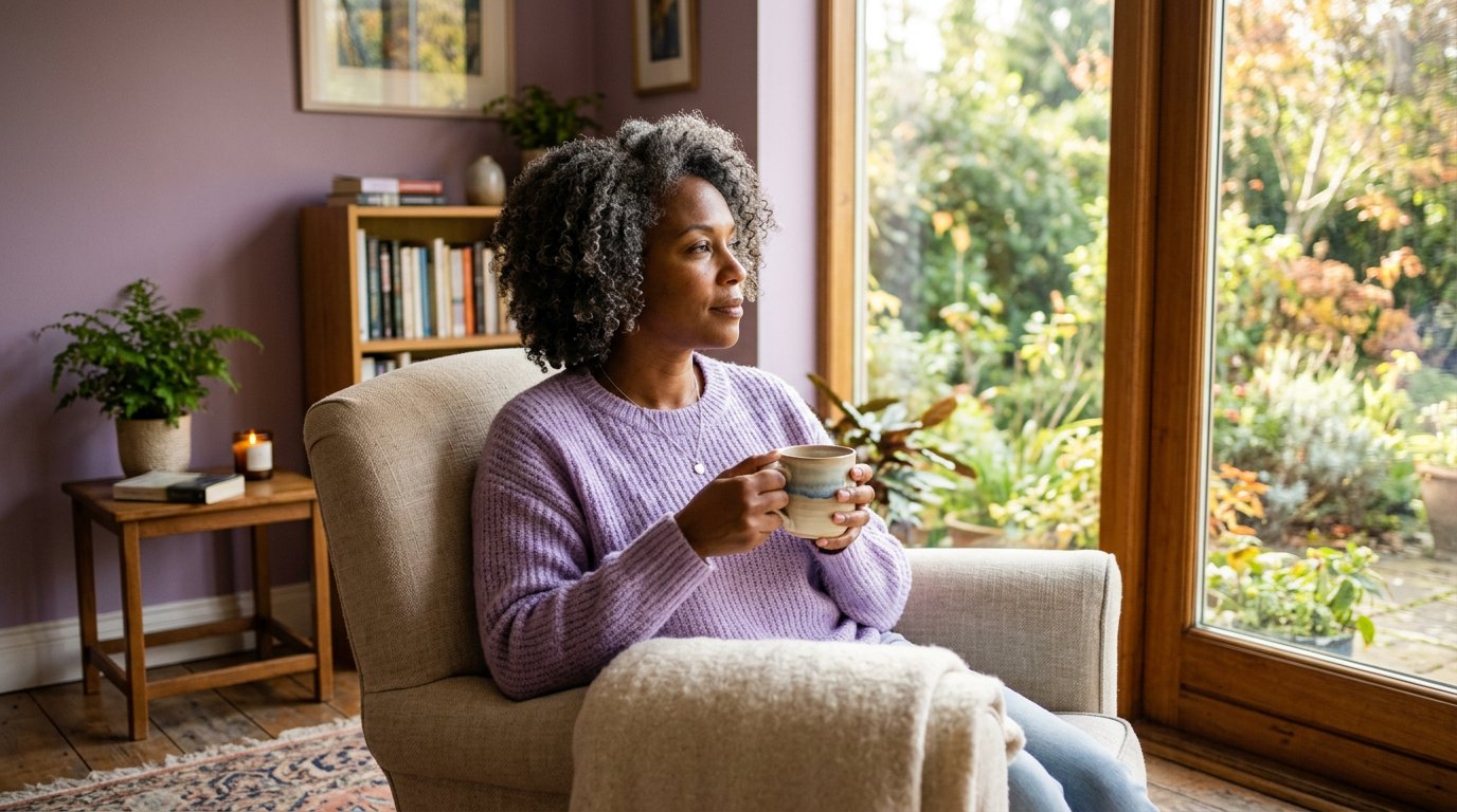 Black woman in lavender sweater sitting alone by a window holding a coffee cup, contemplative