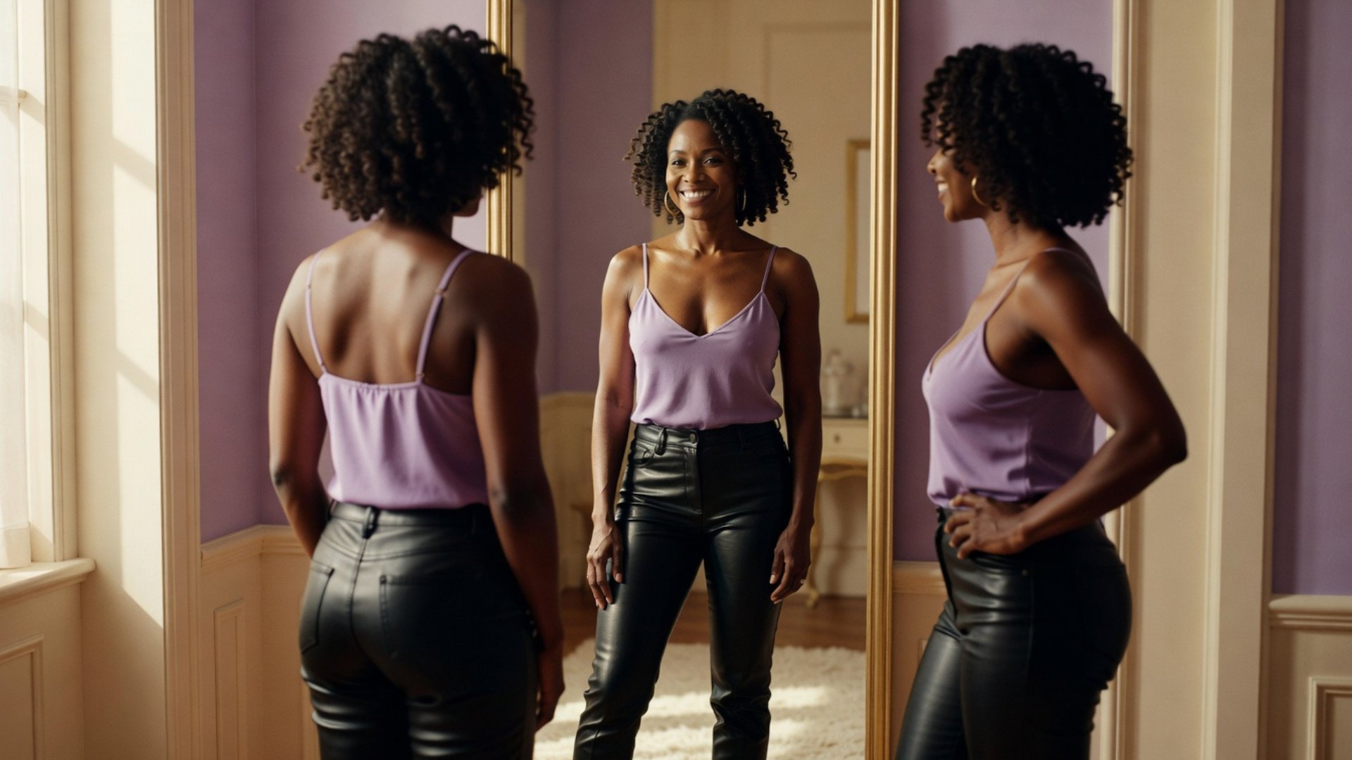 Black woman smiling confidently at her reflection in a gold framed mirror, lavender room